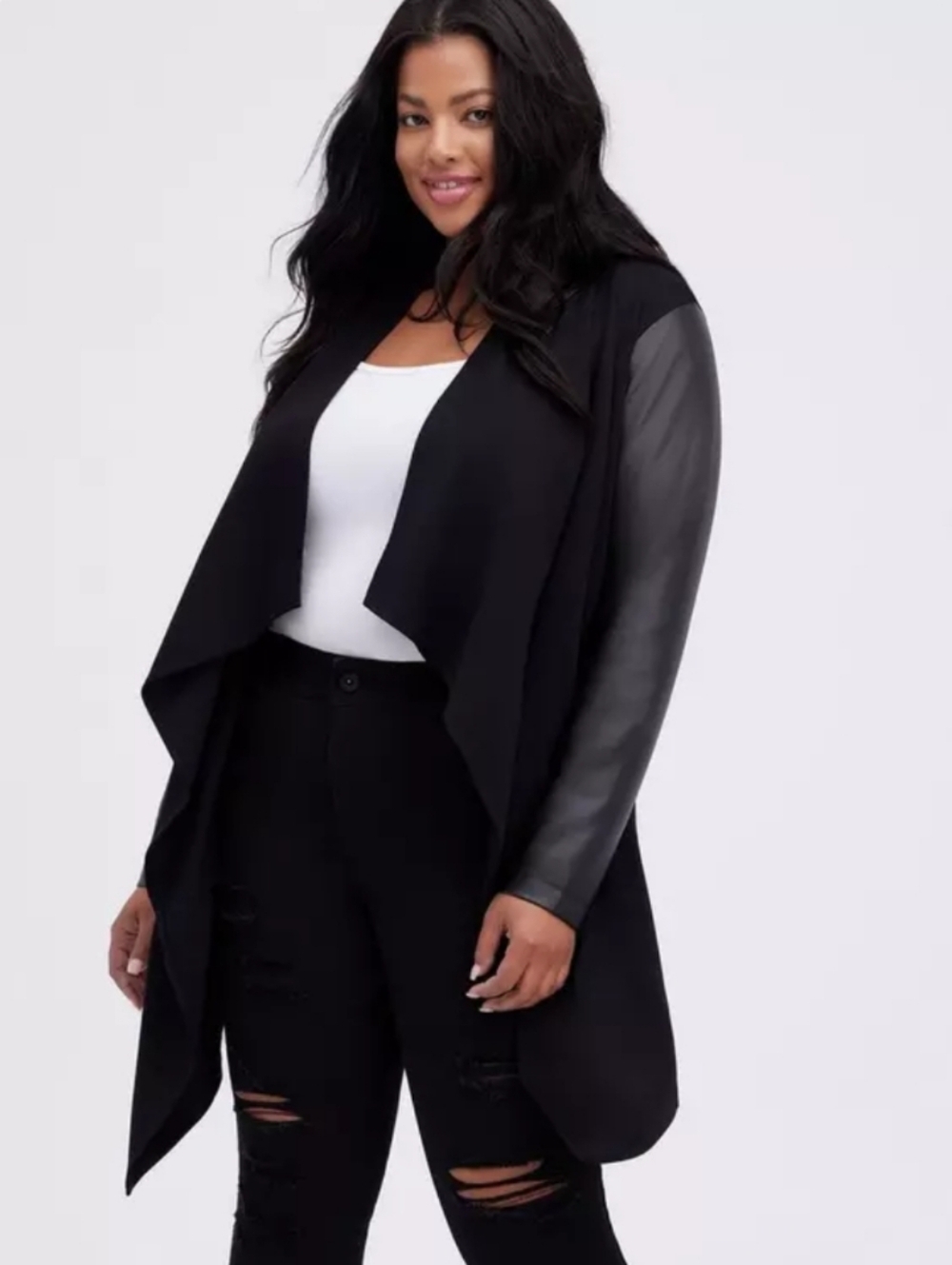 Torrid Black Ponte & Faux Leather Drape Front Kimono Size 00 (M/L)